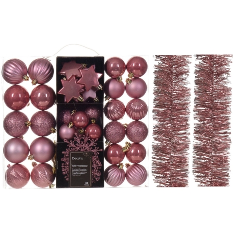 Kerstversiering set - oudroze - kerstballen, ornamenten en folie slingers - kunststof -