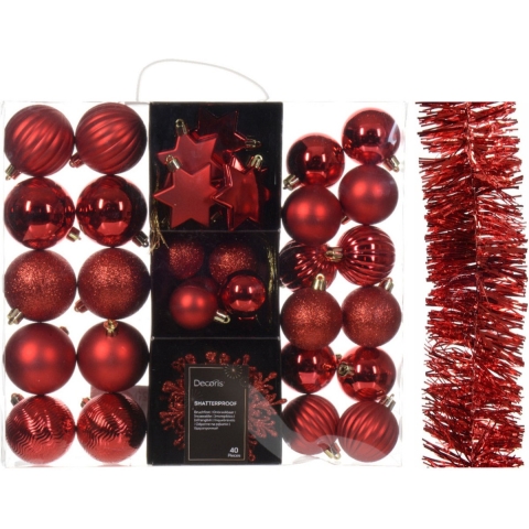 Kerstversiering set - rood - kerstballen, ornamenten en folie slinger - kunststof -
