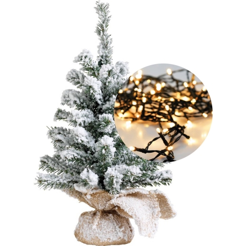 Mini kerstboom - besneeuwd - H45 cm - met kerstverlichting - warm wit - kunstboom -