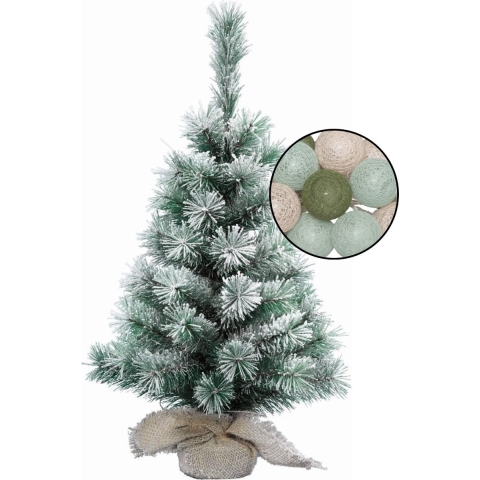 Kleine kerstboom met sneeuw -incl. verlichting bollen mix groen/lichtroze - H60 cm -