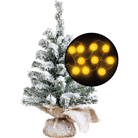 Kleine kunst kerstboom - besneeuwd - incl. zonnebloemen lichtsnoer - H45 cm -