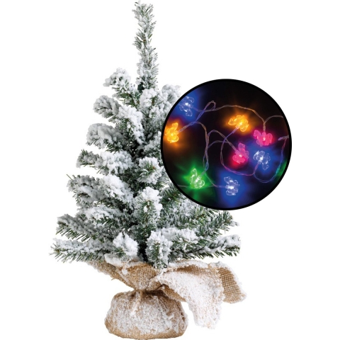 Kleine kunst kerstboom - besneeuwd - incl. paarden thema lichtsnoer gekleurd - H45 cm -