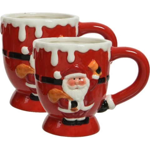 Kerst thema mok - 2x - rood - kerstman - keramiek - 13 x 9 x 10,5 cm - beker -