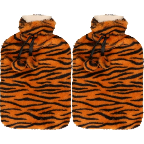 Warmwaterkruik - 2x - met zachte dierenprint hoes - oranje/zwart - 1,75L - kruik -