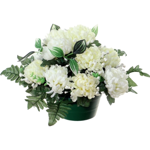 Kunstbloemen plantje crysanten in pot - kleuren creme/wit - D30 x H24 cm - Bloemstuk - Bladgroen -