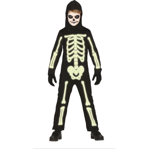 Glow in the dark skelet - Halloween verkleed kostuum - kinderen - zwart - geraamte 10-12 jaar (140-152) -