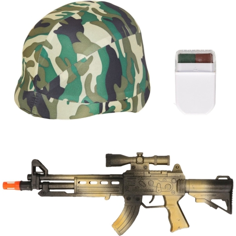 Carnaval verkleed accessoires voor kinderen - Soldatenhelm - camouflage schmink - geweer 38 cm -