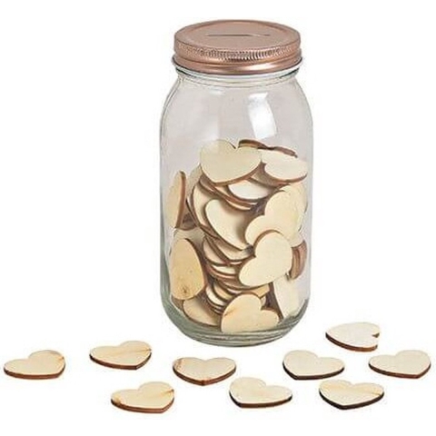 2x Glazen wenspotjes met 100 houten hartjes 17 cm bruiloft decoratie -