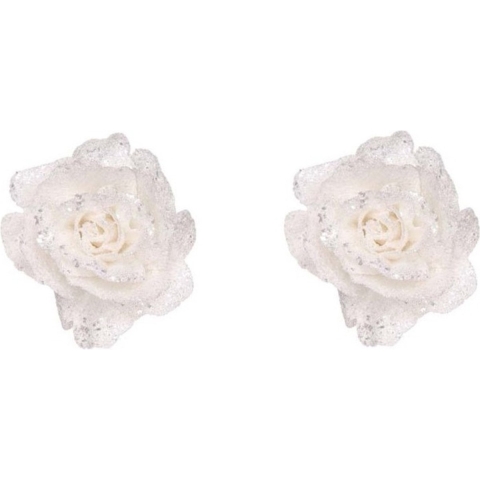 6x stuks witte rozen met glitters op clip 10 cm - kerstversiering -