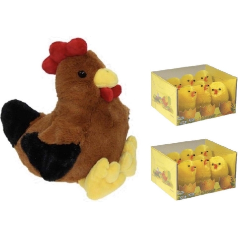 Pluche bruine kippen/hanen knuffel van 25 cm met 12x stuks mini kuikentjes 5 cm -