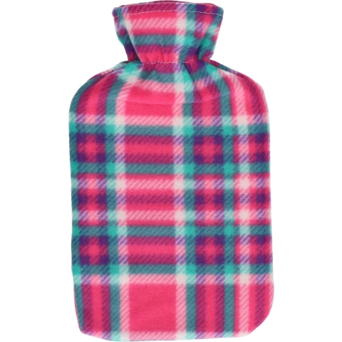 Set van 2x stuks water kruik met fleece hoes roze Schotse ruit print 1,7 liter -