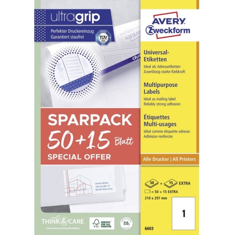 Avery-Zweckform 6603 Universele etiketten 210 x 297 mm Papier Wit 65 stuk(s) Permanent hechtend Laser (kleur), Laser (zwart/wit)