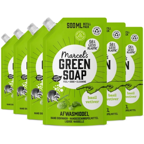6x Marcel's Green Soap Afwasmiddel Basilicum&Vertivert Gras Navulling 500 ml