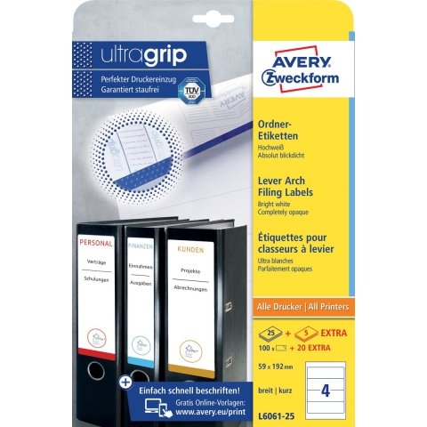 Avery-Zweckform L6061-25 Ordneretiketten 59 x 192 mm Papier Wit 120 stuk(s) Permanent hechtend Laser (kleur), Laser (zwart/wit), Kopiëren (kleur), Kopiëren