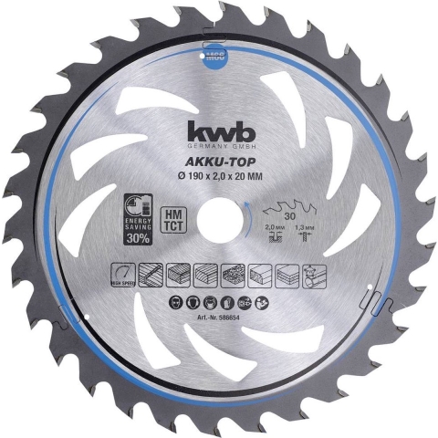 kwb 586654 Hardmetaal-cirkelzaagblad 190 x 20 x 1.3 mm Aantal tanden: 30 1 stuk(s)