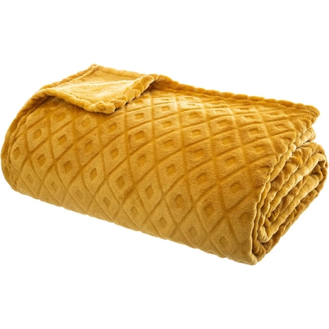 Atmosphera Plaid/bank deken Monnet - okergeel - 180 x 230 cm - polyester fleece - ruitmotief -