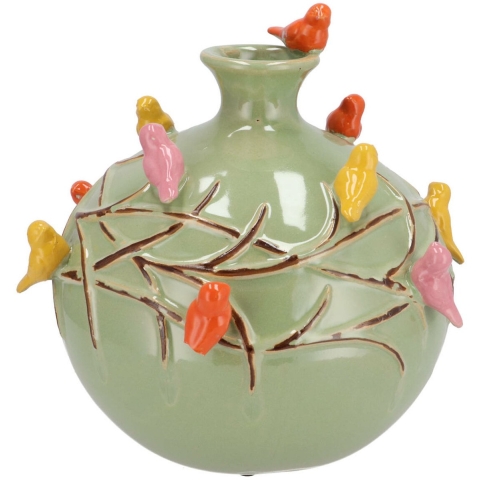 Vaas Spring birds - pistache groen - keramiek - D29 x H28 cm - bloemenvaas -