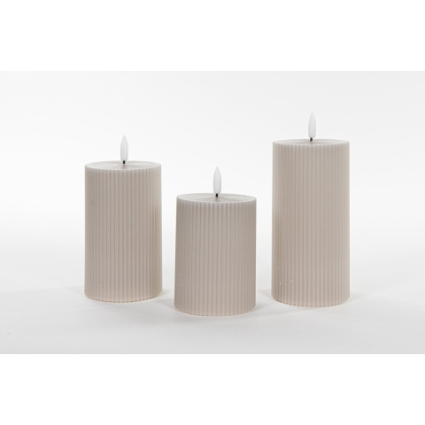 LED kaarsen/stompkaarsen set - 3x stuks - taupe/grijs - ribbel -