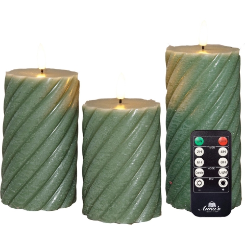 Luxe LED kaarsen/stompkaarsen set - 3x st - jade groen - swirl - met afstandsbediening -