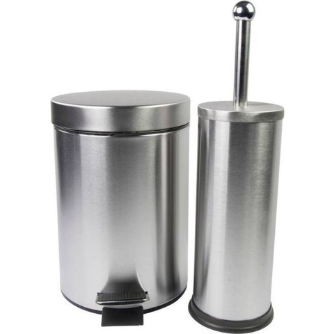 Badkamerset - Toiletborstel met Pedaalemmer - RVS - zilverkleurig -
