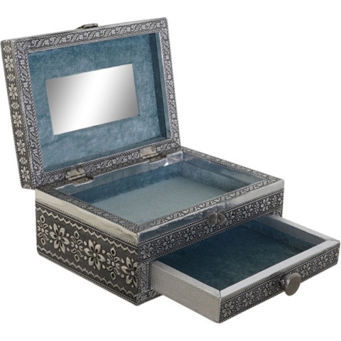 Sieradenkistje Dubai - 17 x 12 x 8 cm - Zilver - Juwelenkistje met deksel - 1-vaks en lade -