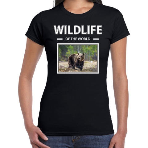 Beer t-shirt met dieren foto wildlife of the world zwart voor dames M -