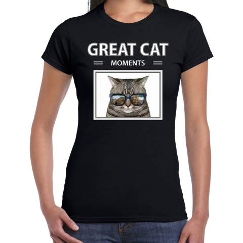 Grijze katten t-shirt met dieren foto great cat moments zwart voor dames 2XL -