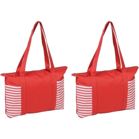 Strandtas met streepmotief - 2x stuks - rood/wit - 44 x 31 cm - Strandartikelen beach bags -