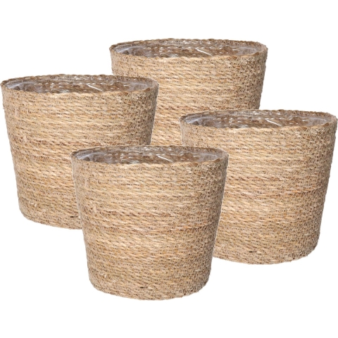 Steege Plantenpot - Set van 4x stuks - beige - gevlochten zeegras - D22 x H19 cm - plastic binnenkan -
