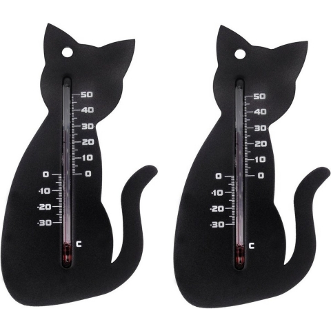 Nature Thermometer kat/poes - 1x - zwart - 15 cm - kunststof - binnen/buiten -