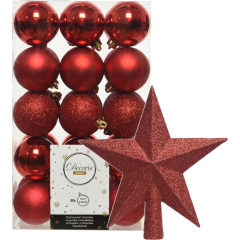 30x stuks kunststof kerstballen 6 cm inclusief ster piek rood -