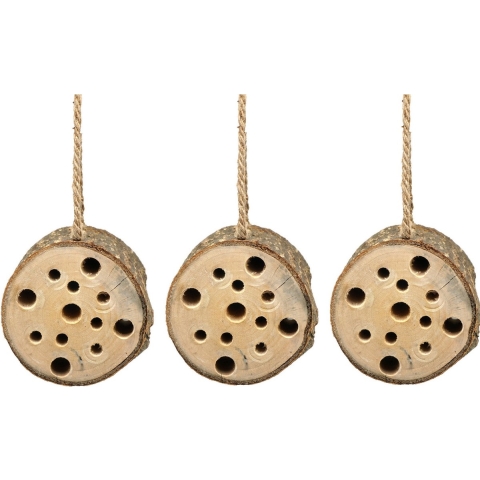 Insectenhotel boomstam - 3x - hout - om op te hangen - 10 x 9 cm -