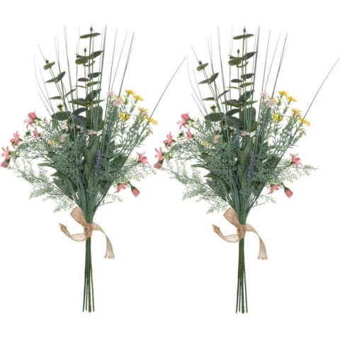 Kunstbloemen boeket Eucalyptus - 2x - 66 cm - Wilde bloemen - groen en kleur -