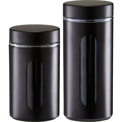 Voorraadpotten/blikken met venster - Diameter 10 cm - 2x - zwart - 900 en 1200 ml - metaal -