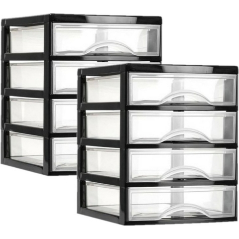 PlasticForte Ladeblok - 2x - 4 lades - zwart/transparant - bureau organizer - L18xB21xH23 cm -