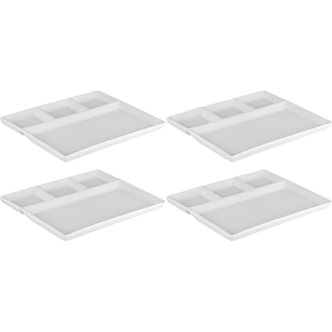 Fonduebord/gourmetbord - 4x - porselein - wit - 23 x 18 cm - 4 vakken -