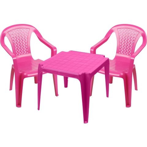 Kinderstoelen 2x met tafeltje set - buiten/binnen - roze - kunststof -