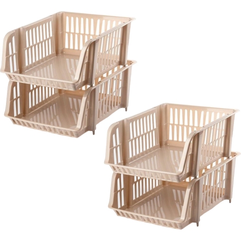 Stapelbare opbergmand - 4x - Beige - 16 liter - kunststof - 38 x 28 x 15 cm -
