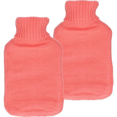 Warmwaterkruik met gebreide hoes - 2x - roze - 2 liter - heet water kruik -