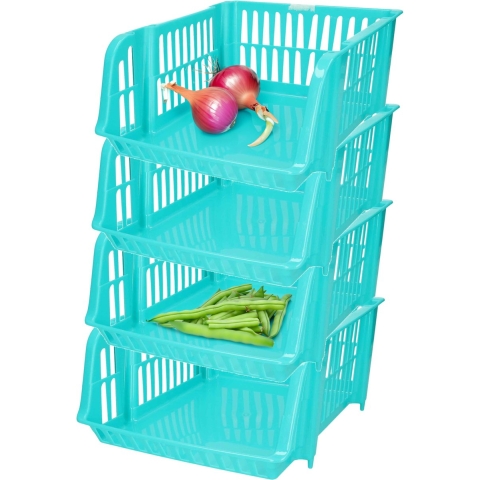 Stapelbare opbergmand - 4x - Blauw - 20 liter - kunststof - 43 x 32 x 16 cm -