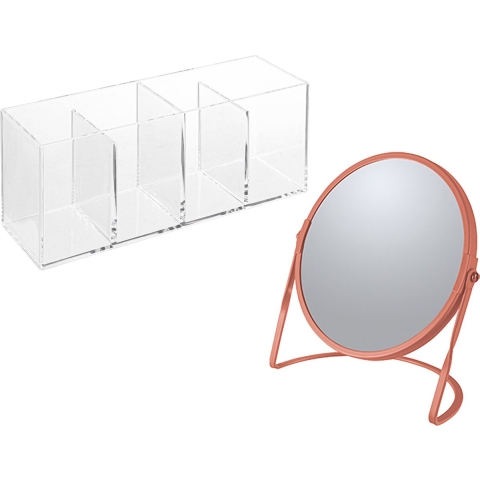 Make-up organizer en spiegel set - 4 vakjes - plastic/metaal - 5x zoom spiegel - terra/transparant -