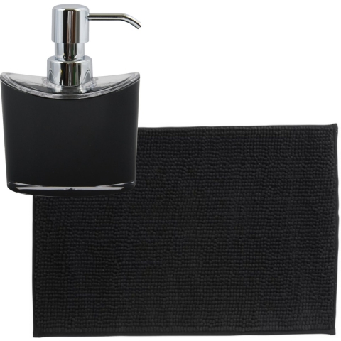 MSV badkamer droogloop mat/tapijtje - 40 x 60 cm - en zelfde kleur zeeppompje 260 ml - zwart -