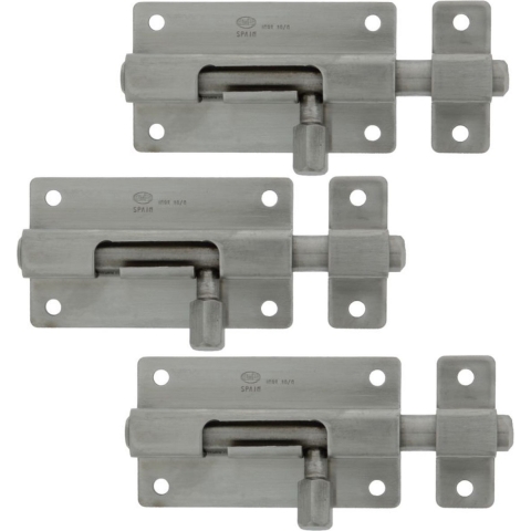 AMIG schuifslot/plaatgrendel - 3x - 6.5 x 3.7cm - Inox matte afwerking - deur - schutting - hek -