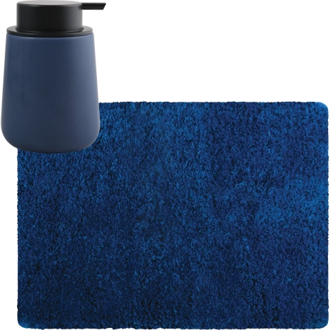 MSV badkamer droogloop tapijt - Langharig - 50 x 70 cm - incl zeeppompje zelfde kleur - donkerblauw -