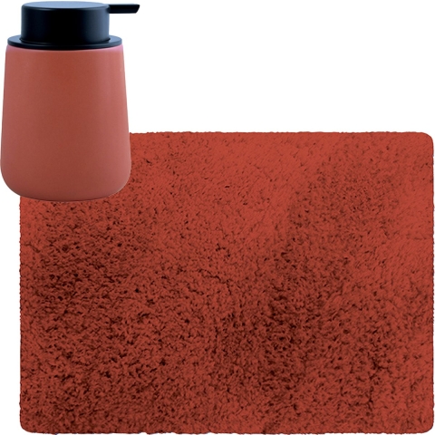 MSV badkamer droogloop tapijt - Langharig - 50 x 70 cm - incl zeeppompje zelfde kleur - terracotta -