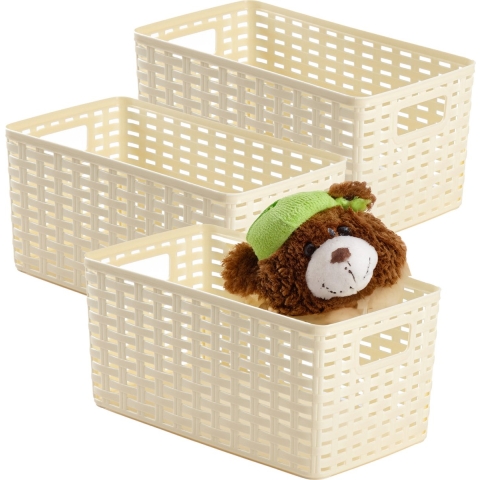 Opbergmand - 3x - Kastmand - rotan kunststof - ivoor wit - 6 Liter - 19 x 29 x 13 cm -