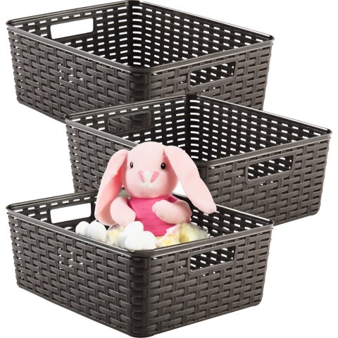 Opbergmand - 3x - Kastmand - rotan kunststof - choco bruin - 12 Liter - 30 x 37 x 13 cm -