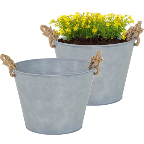 Plantenpot/bloempot Old Rope - 2x - rond - zink - zilver - D35 X H25 cm -