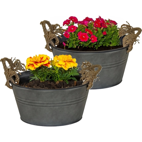 Plantenpot/bloempot teil Old Rope - 2x - rond - zink - antraciet - D30 X H14 cm -