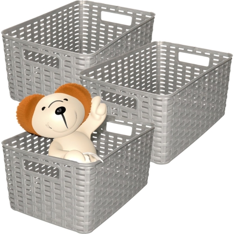 Opbergmand - 3x - Kastmand - rotan kunststof - zilver - 10 Liter - 22 x 33 x 16 cm -